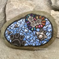 Pet Memorial, Iridescent Flowers with Blue, Black Paw Print - Bees, Garden Stone, Garden Decor'