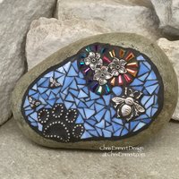 Pet Memorial, Iridescent Flowers with Blue, Black Paw Print - Bees, Garden Stone, Garden Decor'