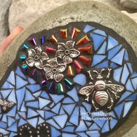 Pet Memorial, Iridescent Flowers with Blue, Black Paw Print - Bees, Garden Stone, Garden Decor'