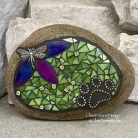 Blue Flower with Lime Green, Black Paw Print - Dragonfly, Garden Stone, Pet Memorial, Garden Decor'