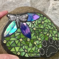 Blue Flower with Lime Green, Black Paw Print - Dragonfly, Garden Stone, Pet Memorial, Garden Decor'