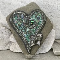 Green Mosaic Heart with Dragonfly, Garden Stone, Garden Decor