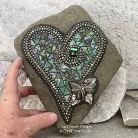 Green Mosaic Heart with Dragonfly, Garden Stone, Garden Decor