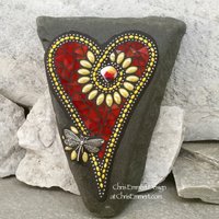 Red and Yellow Flower Mosaic Heart with Dragonfly, Garden Stone, Garden Decor