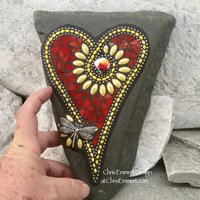 Red and Yellow Flower Mosaic Heart with Dragonfly, Garden Stone, Garden Decor