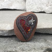 Iridescent Red Valentine Heart, Mosaic Paperweight / Garden Stone with Hummingbird