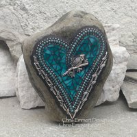 Turquoise Heart with Bird, Garden Stone, Mosaic, Garden Decor