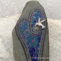 Large Iridescent Blue Heart with Hummingbird,  Garden Stone, Mosaic, Garden Decor