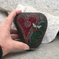 Deep Red Valentine Heart, Garden Stone, Green Flower