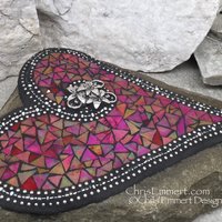 Reserved Iridescent Red Heart Mosaic Rock, Gardener Gift, Home Decor, Mosaic Garden Stone