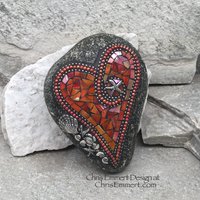 Orange Iridescent Heart, Shells and Starfish, Garden Stone, Mosaic, Beach Garden Decor