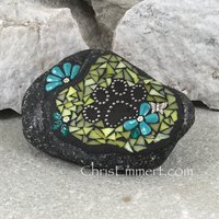 Teal Flowers w/Yellow, Black Paw Print - Garden Stone, Pet Memorial, Garden Decor'