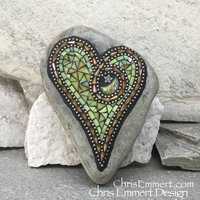 Iridescent Yellow Mosaic Heart, Mosaic Rock, Mosaic Garden Stone, Moon and Star