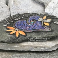 Large Welcome Purple Heart Stone with Dragonfly, Porch Decor, Garden Stone, Mosaic, Garden Decor