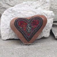 Iridescent Red Valentine Heart, Music, G -clef, Mosaic Paperweight / Garden Stone