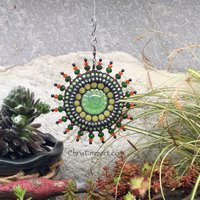 Sun Face Garden Spinner, Green/Orange Rays, Home Decor, Garden Decor, Gardening Gift,