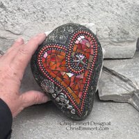 Orange Iridescent Heart, Shells and Starfish, Garden Stone, Mosaic, Beach Garden Decor