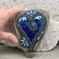 Iridescent Blue Heart, (1) Garden Stone, Mosaic, Garden Decor