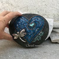 Denim Blue Heart with Teal Blue Flowers, Dragonfly, Garden Stone, Mosaic, Garden Decor