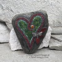 Green Dragonfly Mosaic Heart, Mosaic Rock, Mosaic Garden Stone,