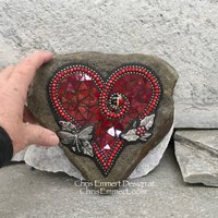 Iridescent Red Heart, Garden Stone, Mosaic, Garden Decor