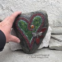 Green Dragonfly Mosaic Heart, Mosaic Rock, Mosaic Garden Stone,
