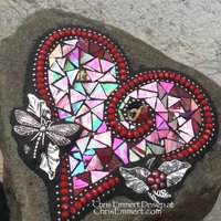 Iridescent Red Heart, Garden Stone, Mosaic, Garden Decor