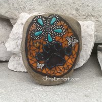 Teal Flower and Orange, Black Paw Print - Garden Stone, Pet Memorial, Garden Decor'