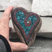 Mosaic Heart, Mosaic Rock, Mosaic Garden Stone, Teal, Red, Home Decor, Gardening, Gardening Gift,