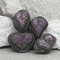 Pink and Purple Garden Stone/Paperweights #4 Group Mosaic Heart, Mosaic Rock, Mosaic Garden Stone, Home Decor, Gardening, Gardening Gift,