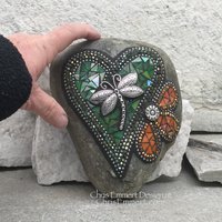 Iridescent Green Dragonfly Mosaic Heart, Mosaic Rock, Mosaic Garden Stone,