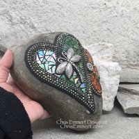 Iridescent Green Dragonfly Mosaic Heart, Mosaic Rock, Mosaic Garden Stone,