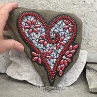 Iridescent White Heart with Red Flowers, Garden Stone, Mosaic, Garden Decor