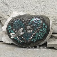 Pinwheel Flowers on a Turquoise Heart, Garden Stone, Mosaic, Garden Decor