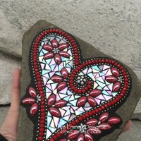 Iridescent White Heart with Red Flowers, Garden Stone, Mosaic, Garden Decor