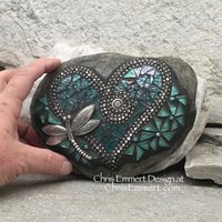 Pinwheel Flowers on a Turquoise Heart, Garden Stone, Mosaic, Garden Decor