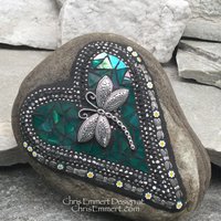 Iridescent Green Dragonfly Mosaic Heart, Mosaic Rock, Mosaic Garden Stone,