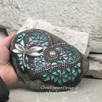 Pinwheel Flowers on a Turquoise Heart, Garden Stone, Mosaic, Garden Decor