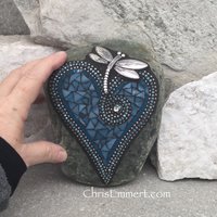 Denim Blue Dragonfly Heart, Garden Stone, Mosaic, Garden Decor