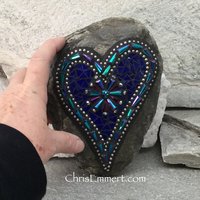 Crystal Cobalt Blue Mosaic Heart, Mosaic Rock, Mosaic Garden Stone,