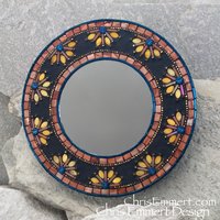 Yellow /Orange and Blue Mosaic Mirror, Round Mosaic Mirror, Home Decor