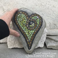 Iridescent Yellow Mosaic Heart, Mosaic Rock, Mosaic Garden Stone, Moon and Star