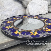 Cobalt and Yellow Dragonfly Mosaic Mirror, Round Mosaic Mirror, Home Decor