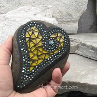 Bright Yellow Mosaic Heart, Mosaic Rock, Mosaic Garden Stone, Home Decor, Gardening, Gardening Gift,
