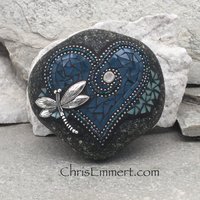 Denim Blue Heart with Teal Blue Flowers, Dragonfly, Garden Stone, Mosaic, Garden Decor