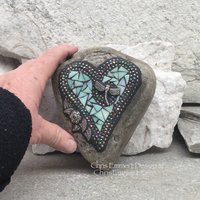 Iridescent Light Green Heart, Mosaic Paperweight / Garden Stone
