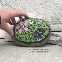 Pink Flower w/Lime Green, Black Paw Print - Garden Stone, Pet Memorial, Garden Decor'