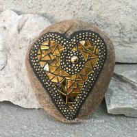 Gold Mirror Heart (2), Mosaic Paperweight / Garden Stone