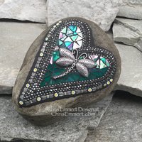 Iridescent Green Dragonfly Mosaic Heart, Mosaic Rock, Mosaic Garden Stone,