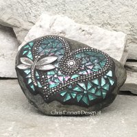 Pinwheel Flowers on a Turquoise Heart, Garden Stone, Mosaic, Garden Decor